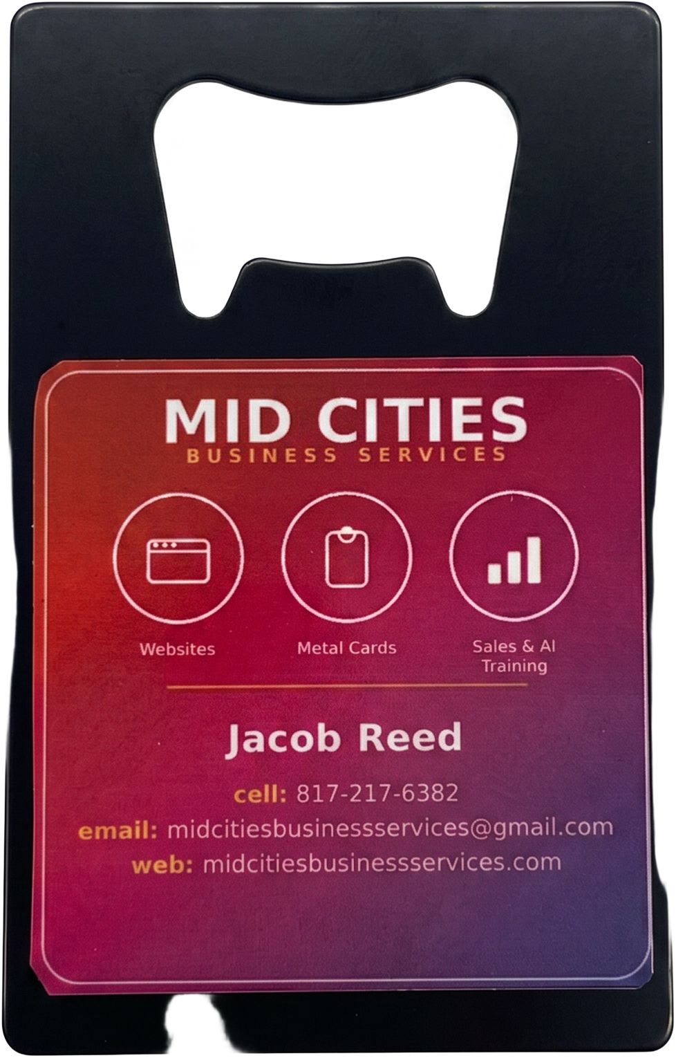 black metal business card with bottle opener for Mid Cities Business Services