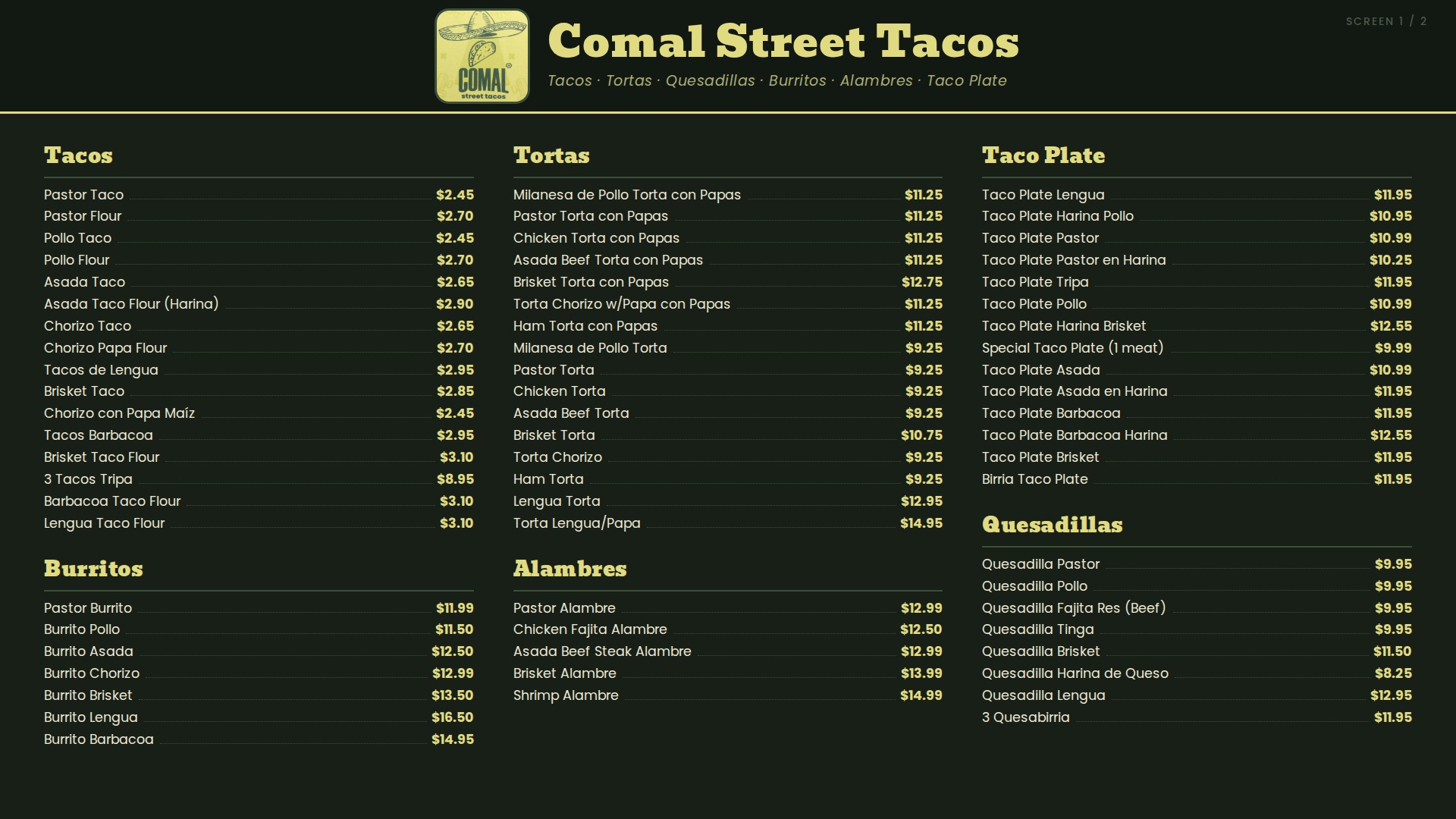 Comal Street Tacos digital TV menu board, dark theme