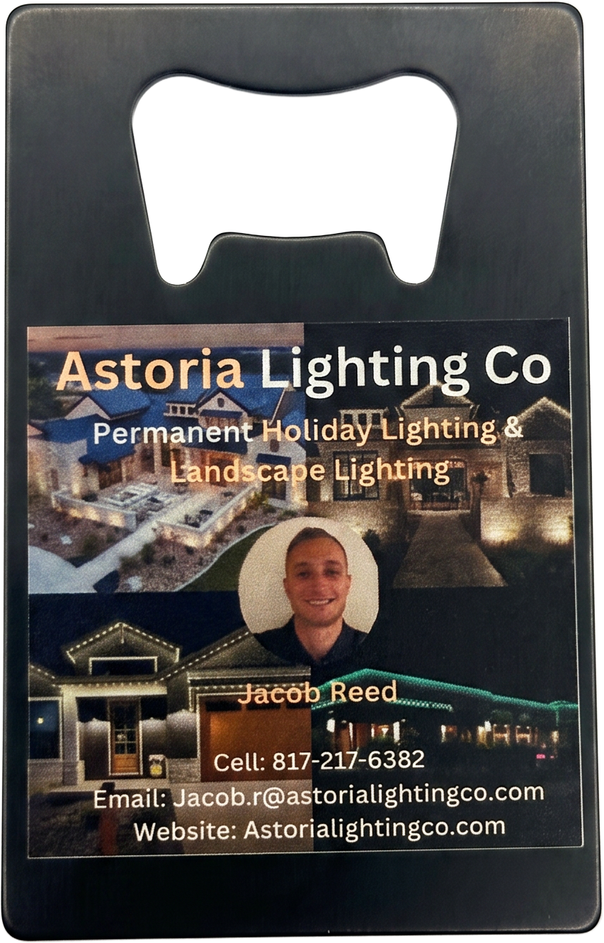 black metal bottle opener business card for Astoria Lighting Co with headshot and contact info