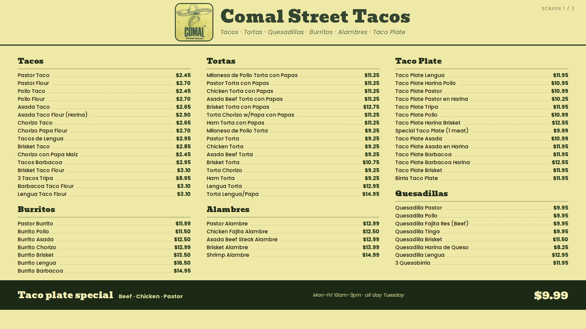 Comal Street Tacos digital TV menu board screen one