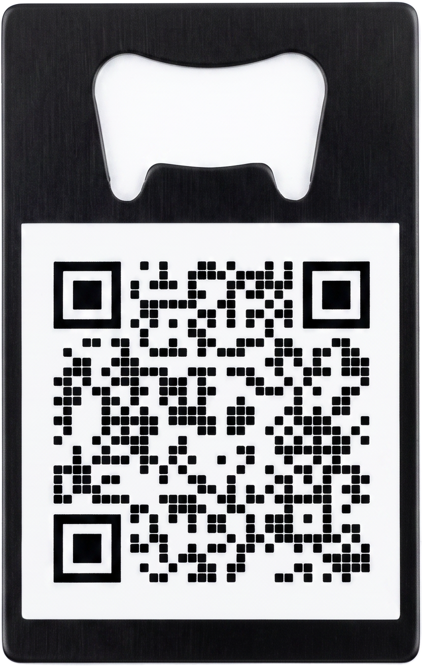 back of a black metal bottle opener card with a large white QR code