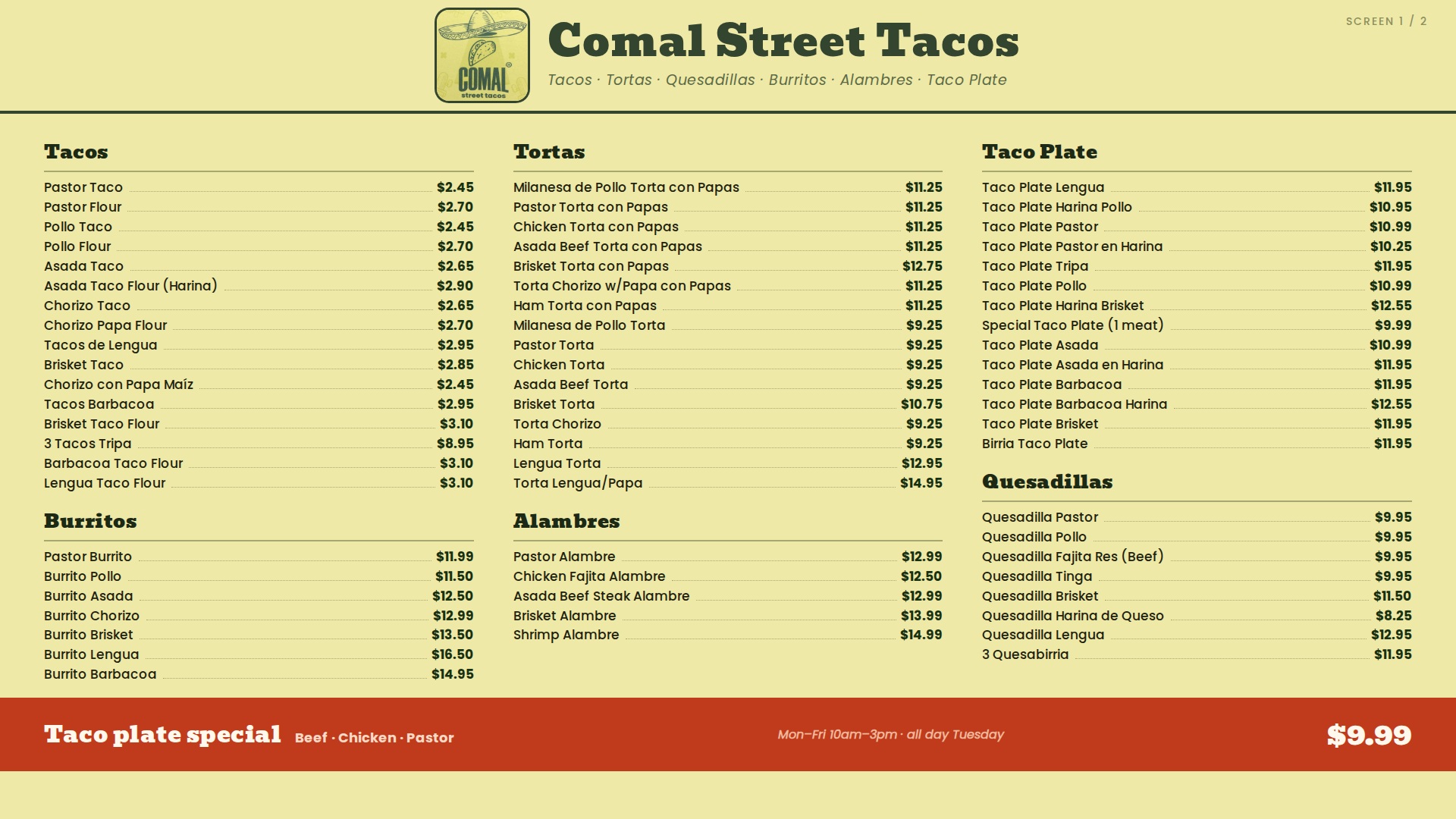 Promo bar variant pushing the $9.99 taco plate special
