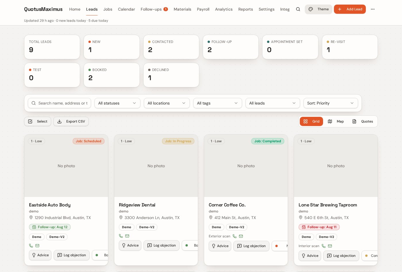 Lead board with job status, follow-ups, and per-lead advice