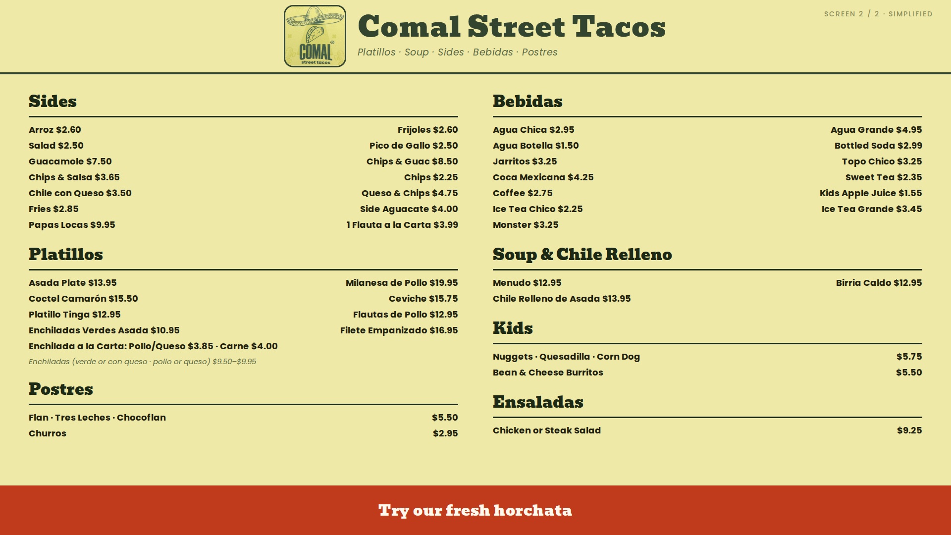 Simplified screen 2 — sides, platillos, drinks, kids, and postres condensed