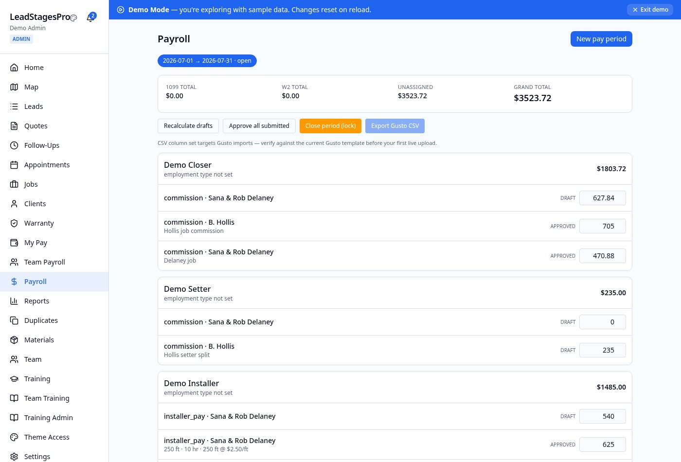 Payroll engine: commissions, setter splits, and Gusto export