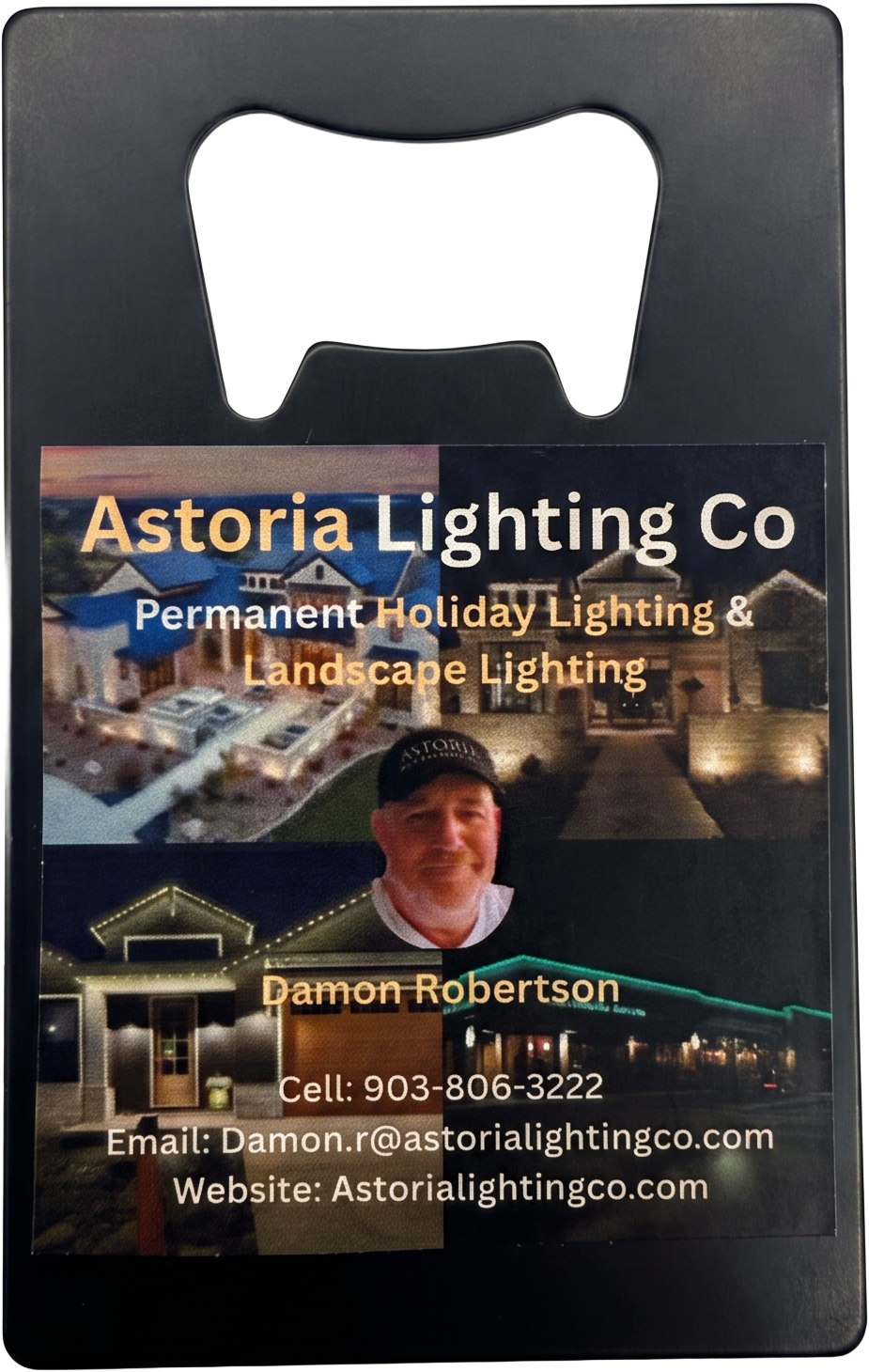 second Astoria Lighting Co metal bottle opener business card printed for another rep