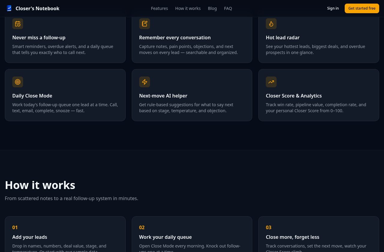 Follow-up queue, hot lead radar, and Close Mode features