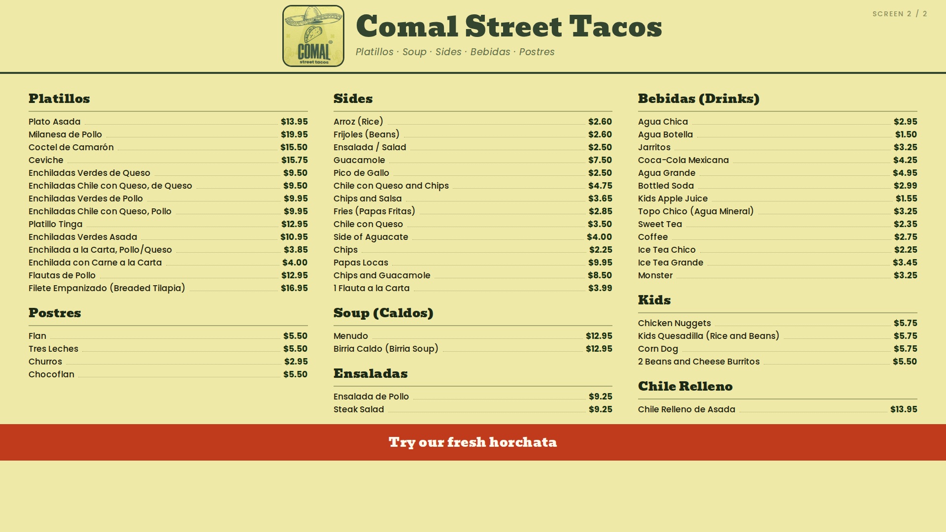 Comal Street Tacos digital TV menu board screen two