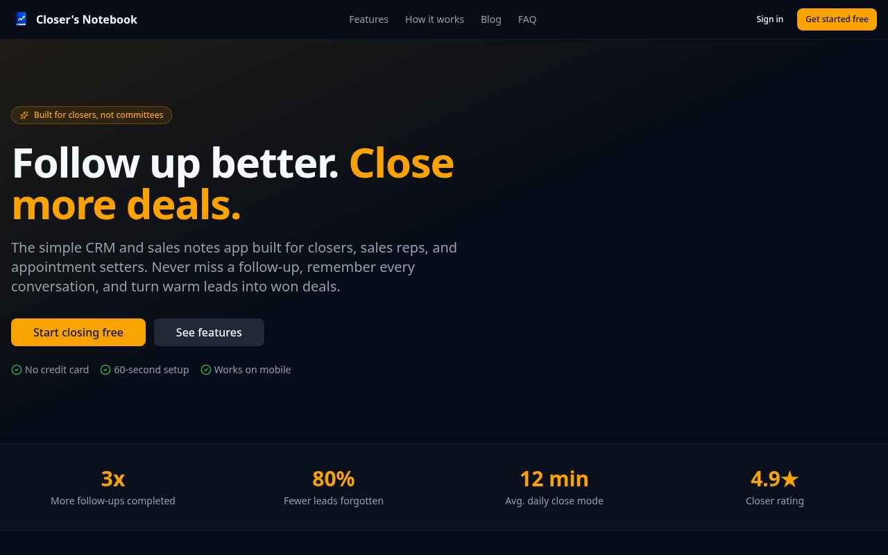Closer's Notebook website screenshot
