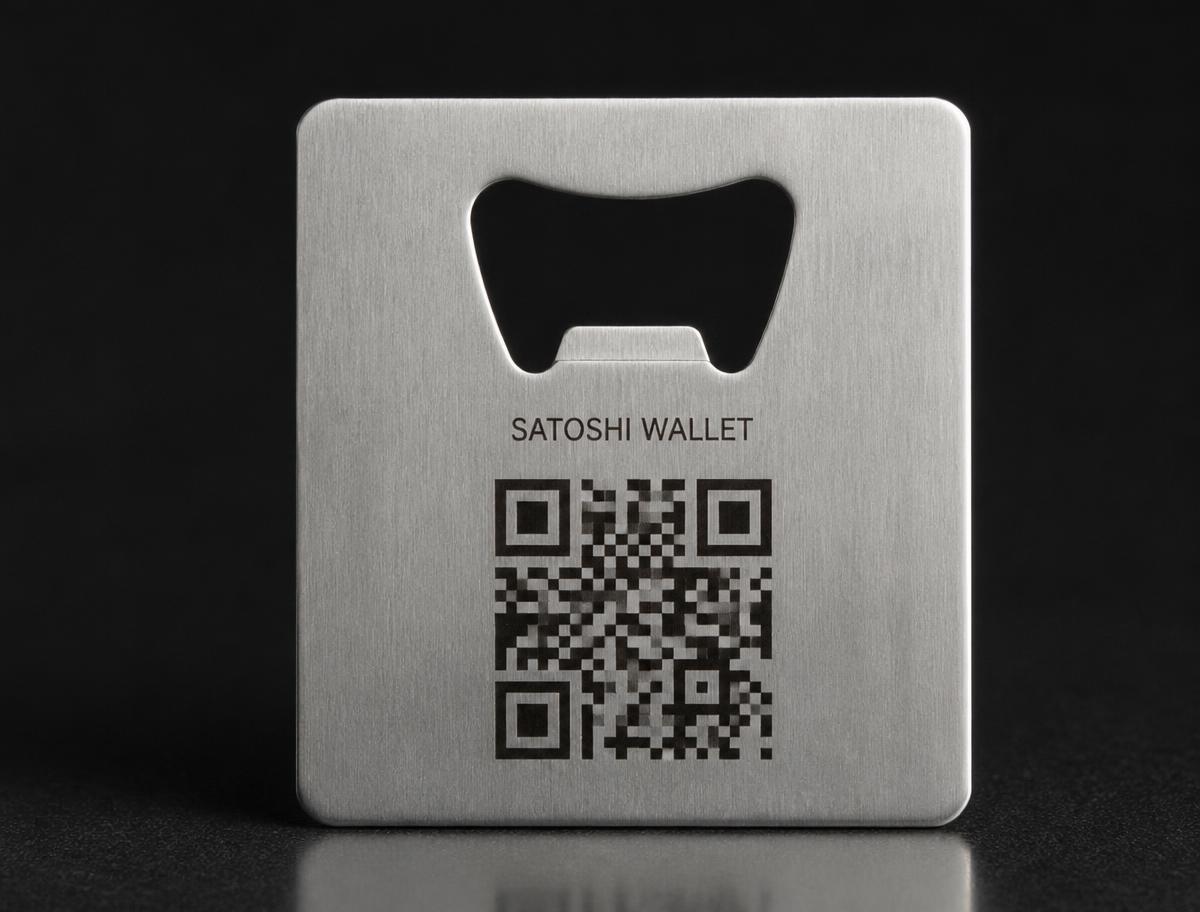 minimalist brushed steel crypto tip metal card with QR code linking to a public wallet address