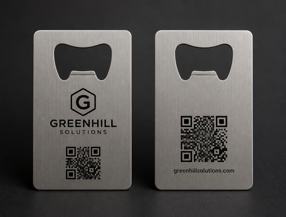 front and back of a brushed steel QR code business card with two different QR codes