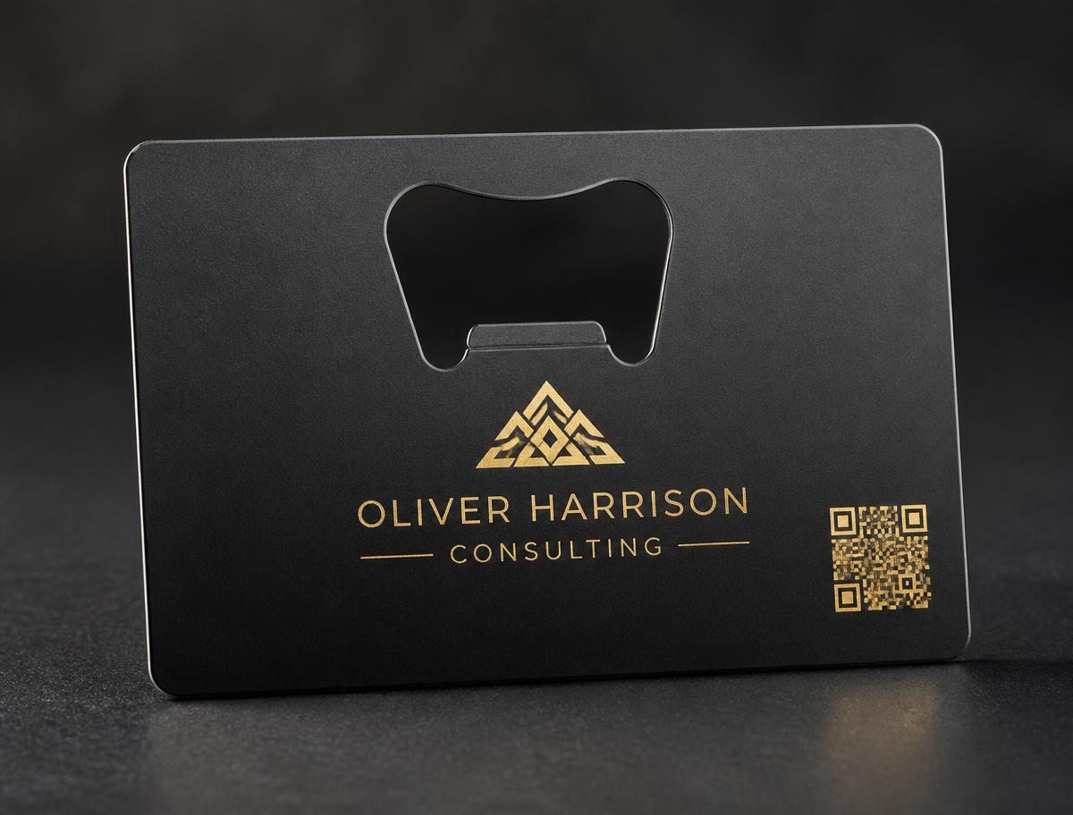 matte black metal business card with metallic gold foil branding and bottle opener cutout