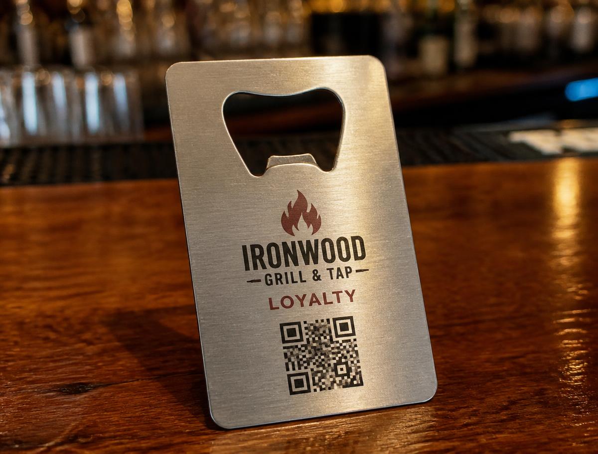 restaurant loyalty metal card with QR code that digitally tracks customer visits, on a bar counter