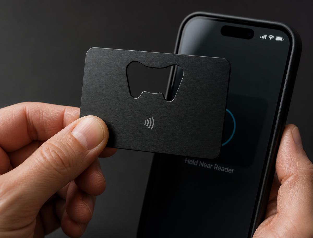 matte black NFC metal card with embedded tag being tapped by a phone
