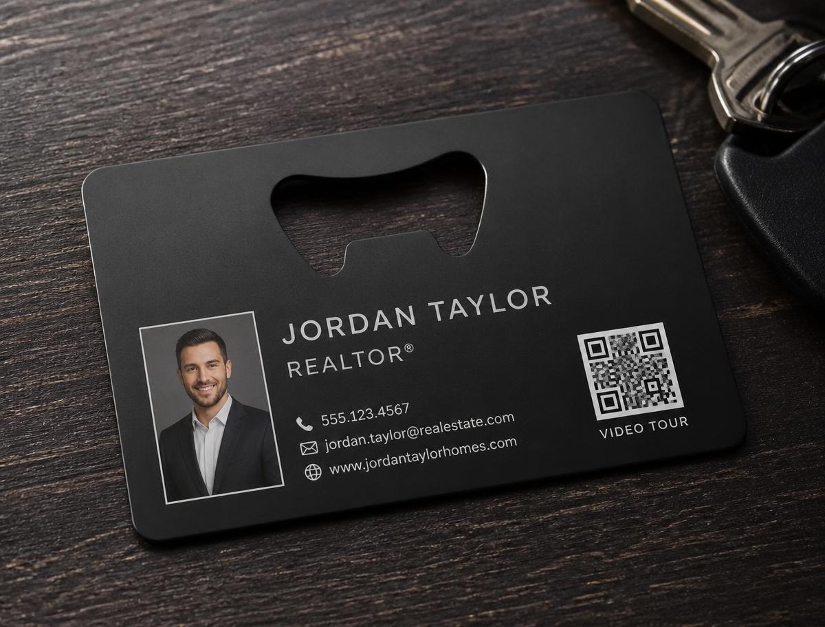 real estate agent metal business card with headshot silhouette and QR code linking to a property video tour