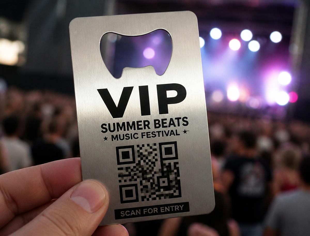 festival style VIP metal pass with QR code for entry verification